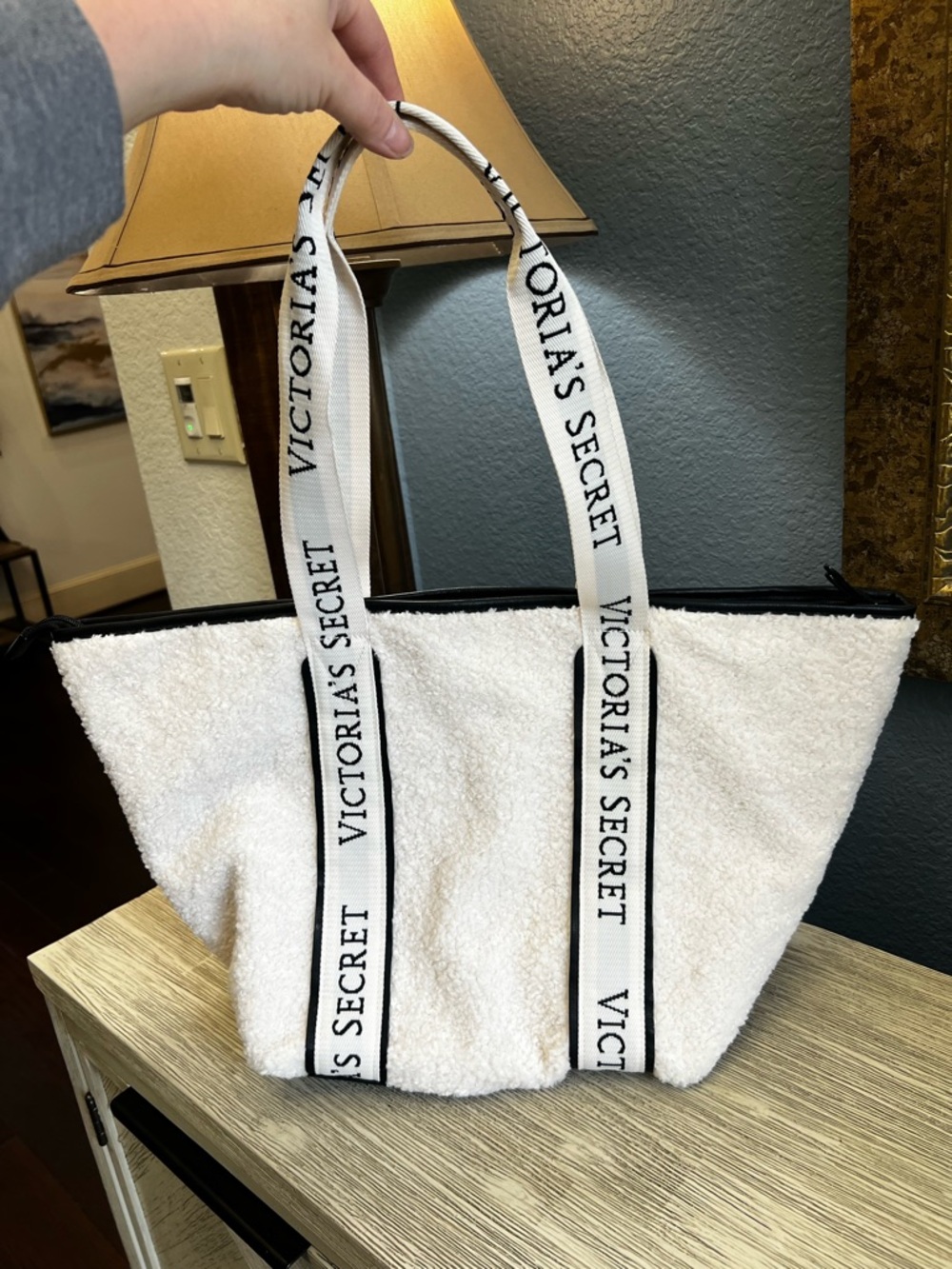 LIKE NEW!!! Victoria's Secret Cream Sherpa Tote with Branded Strap Detail
